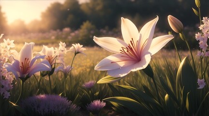 Beautiful white Lily flowers field floral bloom background, Generative AI