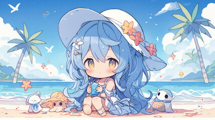 cute girl on the beach, cloud, Chibi cute style