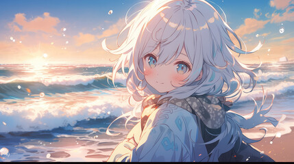 cute girl on the beach, cloud, Chibi cute style