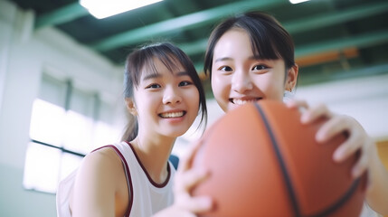 Portrait of cheerful asian girls standing at basketball court turn around looking at camera and holding ball outside - obrazy, fototapety, plakaty