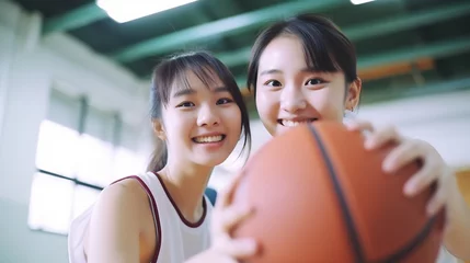 Foto op Plexiglas Portrait of cheerful asian girls standing at basketball court turn around looking at camera and holding ball outside © AspctStyle