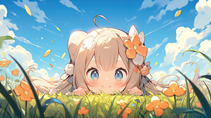 cute girl in the meadow, cloud, Chibi cute style