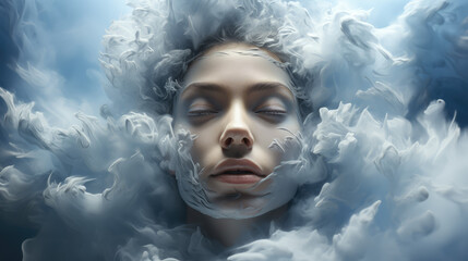 middle aged woman face being made out of clouds