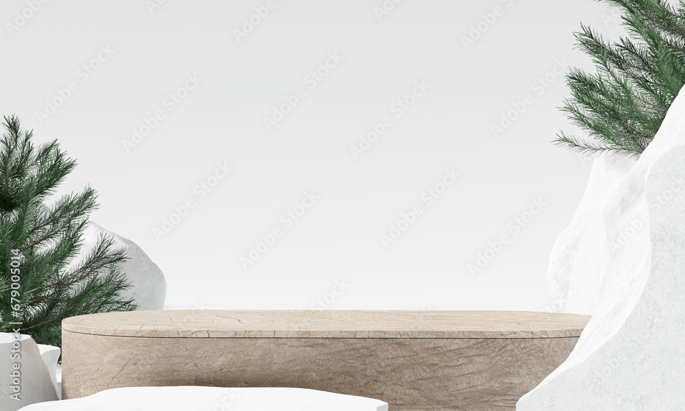 Poster wooden product display podium with pine tree and stone. christmas concept. 3d rendering