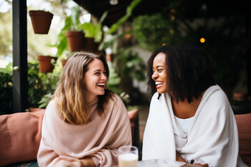 Two cheerful woman laughing while sitting at city cafe, happy female friends spending time together on the cafe