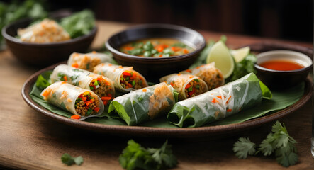 Spring rolls on plate with dipping sauce - obrazy, fototapety, plakaty