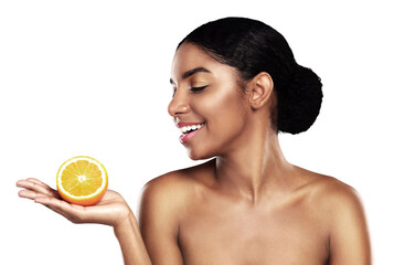 Orange, fruit and skincare of happy black woman with healthy nutrition, organic diet or beauty....