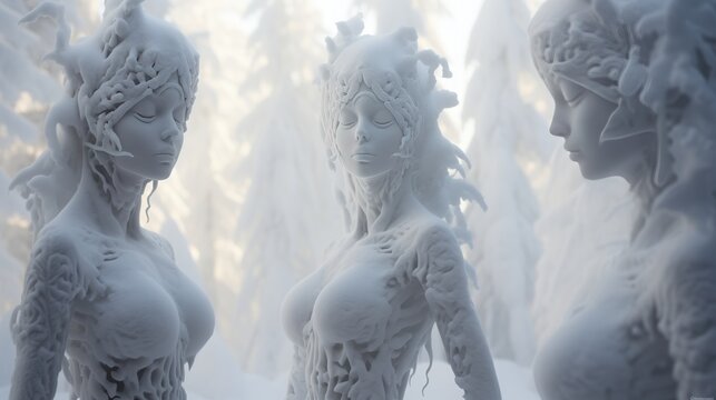Snowy forest on an early winter morning and three snow sculptures of winter fairies
