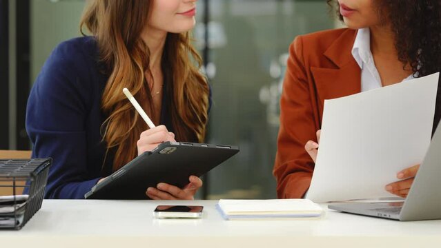 Two professional caucasian with african american businesswoman friends collaboration, working together at office, using laptop, Generally accepted audit standards, Earnings before interest and taxes
