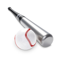 Baseball bat and ball isolated on white background. 3d-rendering