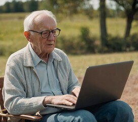 Elderly Gentleman Using Laptop Outdoors on a Sunny Day, Engrossed in Technology, Comfortable Casual Attire, Experiencing Modern Connectivity, Focused and Thoughtful Expression, Seated on Wicker Chair