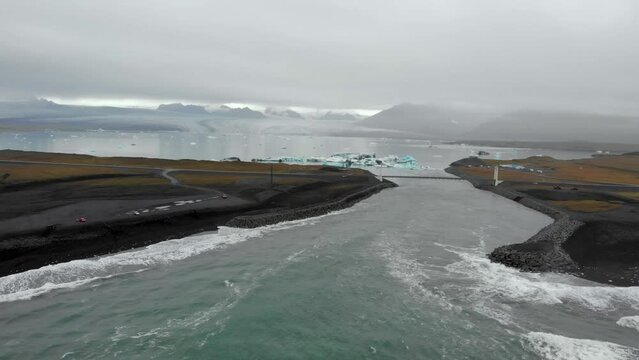 Aerial of the glacier lagoon and the dimond beach in Iceland.