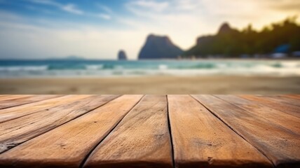 Fototapeta na wymiar The empty wooden table top with blur background of Thailand beach. Exuberant image. generative AI