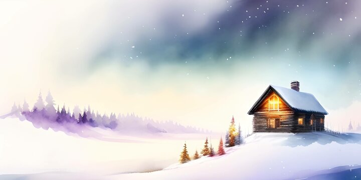 Watercolor wood cabin in mountains with forest and snow. Painted Fir trees, Winter Woodland Snowy White Christmas village scene card illustration background. Holiday art print.