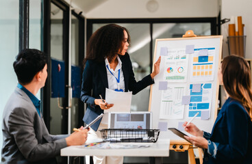diverse team of professionals engaged in a website graphic design board meeting, sharing opinions on UX and UI design elements. Asian man, African American people, black, afro, caucasian female
