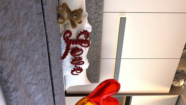 Love pillow a teddy bear and heart shaped balloons on a bed - 3D interior render vertical