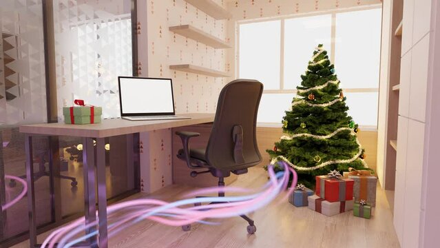 Modern home office with a computer and Christmas decorations - 3D Interior design