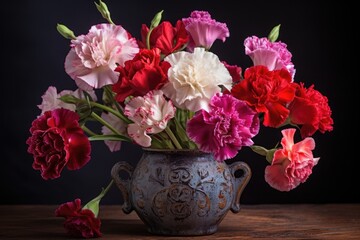 Bouquet of carnations in ceramic pot. Generative AI