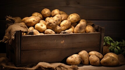 Fresh potatoes in a wooden box. Generative AI
