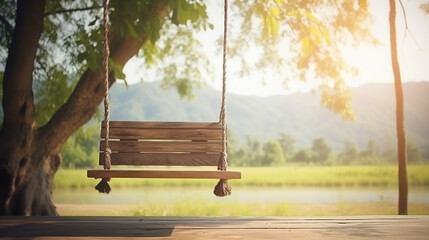 Old wooden terrace with wicker swing hang on the tree with blurry nature background. Generative Ai