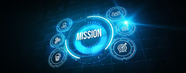 Mission concept. Financial success concept on virtual screen. Business, technology, internet and networking concept. 3d illustration