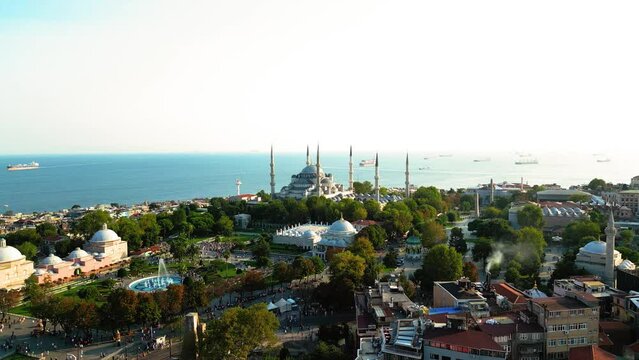 Cinematic Aerial Drone View of The Blue Mosque in at Golden Hour in Istanbul, Turkey.