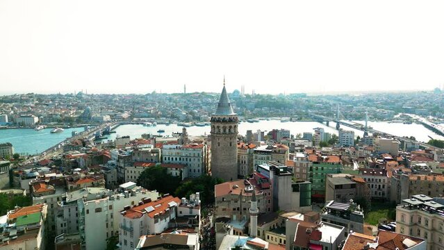 Cinematic Establishing Drone Video of the Galata Tower in Beyoglu District In Istanbul, Turkey.