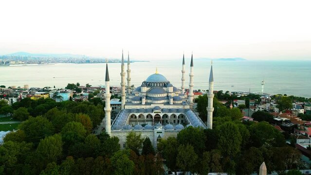 Cinematic Establishing Aerial Drone View of The Blue Mosque in at Golden Hour in Istanbul, Turkey.