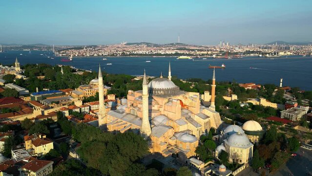 Cinematic Aerial View of Hagia Sophia in Sultanahmet district of Istanbul, Turkey.