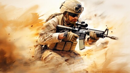 Soldier with rifle gun in the battlefield with dust and smoke background.