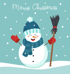Christmas and winter concept. Snowman in the hat with broomstick.
