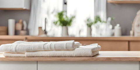 Wooden tabletop counter with towels. out of focus washing machine in home laundry. - obrazy, fototapety, plakaty