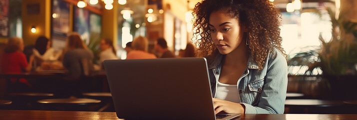 Image of a young woman at a laptop in a cafe.