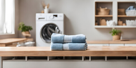 Wooden tabletop counter with towels. out of focus washing machine in home laundry. - obrazy, fototapety, plakaty