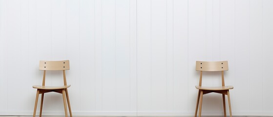 Minimalist Setting with Two White Chairs Beside a Wooden Wall.
