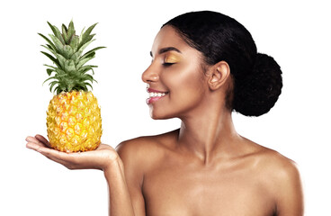 Happy woman, skin care and pineapple for beauty, cosmetics and natural product or Vitamin C on...