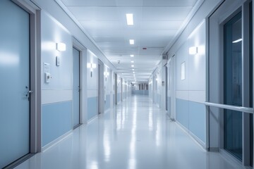 Interior of a hospital corridor with blue walls and white floor. Generative Ai