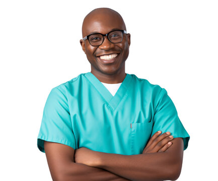 a portrait of arms crossed male nurse showing pride in his profession or job isolated on a transparent background, a professional bald African American nurse with a uniform photo PNG