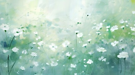 Springtime Green Watercolor Abstract with Flowers Light Teal and White Digital Painting.