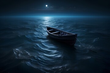 A wooden boat on the sea at night, beautiful scene with the moon glowing with blue light reflecting...