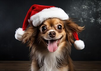 Happy smiling puppy dog is wearing a Christmas Santa hat