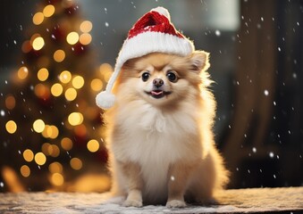 Fototapeta na wymiar Happy smiling puppy dog is wearing a Christmas Santa hat