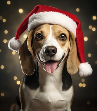 beagle Happy smiling puppy dog is wearing a Christmas Santa hat
