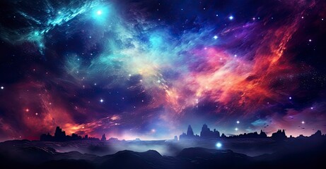 Naklejka premium Technicolor Dreamscape of a Vast Galaxy with Interacting Blue Stars.