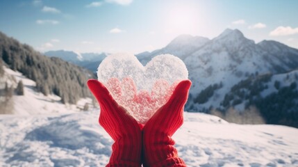 A person holding a heart shaped snow on mountains.