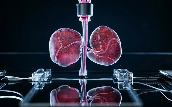 A photo of a bioprinted kidney tubule that is connected to a microfluidic chip