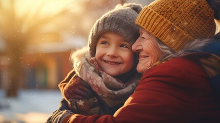 Obraz premium Senior grandparent picking up grandchildren after school.