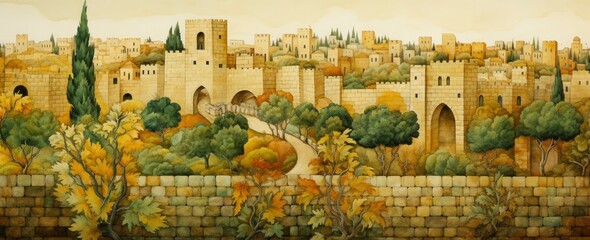 Watercolor Landscape of the Jerusalem Wall with Soft Yellow and Emerald Tones. - obrazy, fototapety, plakaty