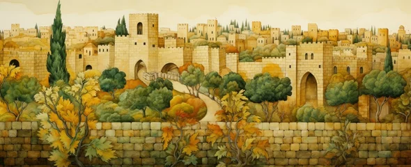 Fotobehang Watercolor Landscape of the Jerusalem Wall with Soft Yellow and Emerald Tones. © MdBaki