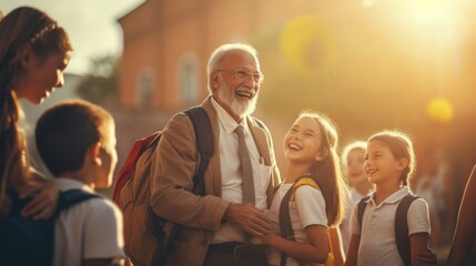 Senior grandparent picking up  grandchildren after school.